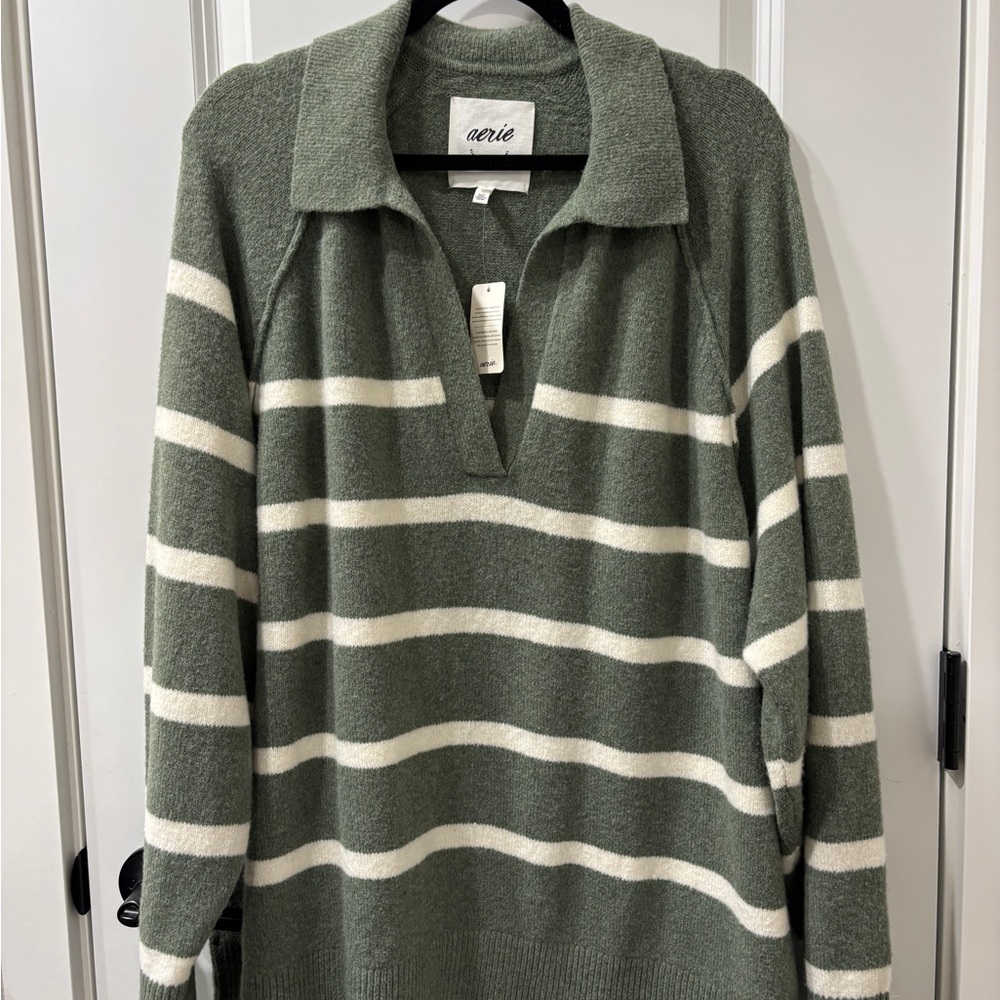 Aerie Unreal Green and White Striped Sweater